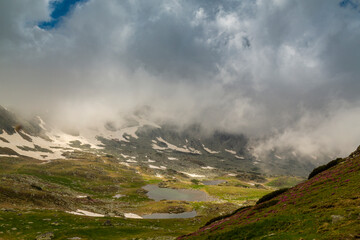 Beautiful mountain landscape, pristine glacier lakes, rocks and spring flowers in the Transylvanian Alps in early July