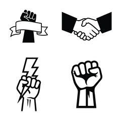 Vector Icons: Unity, Partnership, and Strength Symbols – Fists, Shaking Hands, and Power