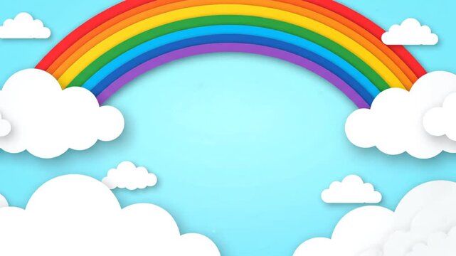 Vibrant Rainbow Arching Over Fluffy White Clouds on Bright Blue Sky Background