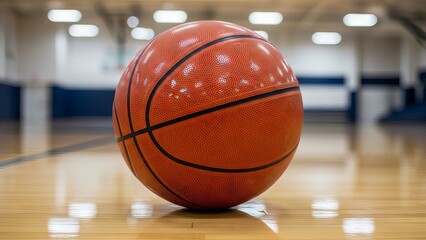 Naklejka premium Orange Basketball Resting on a Wooden Court