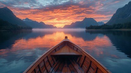 A tranquil wooden boat floating on a serene lake at sunset, framed by majestic mountains and vibrant glowing skies, with calm reflections on the water surface capturing the beauty of evening nature.