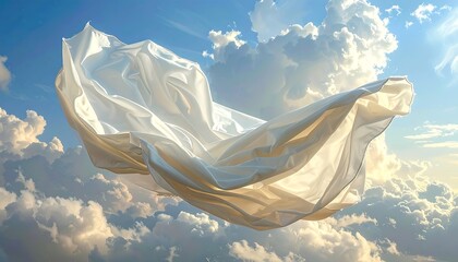 A flowing, ethereal white fabric dances mid-air against a backdrop of fluffy clouds and a serene blue sky