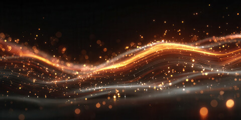 Obraz premium Abstract golden particle waves flowing in motion against a dark background, creating a glowing futuristic landscape with shimmering light, dynamic energy, and elegant digital waveforms
