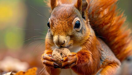 A fluffy, auburn squirrel holds a nut, its dark eyes focused, set against a blurred autumn foliage backdrop