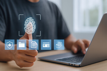 Fototapeta premium Digital fingerprint authentication enhances security and user experience. person is using laptop, showcasing thumbprint icon, symbolizing biometric verification and data protection