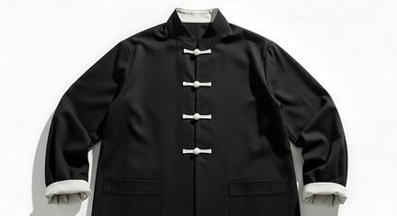 Black tang suit jacket, white frog closures, traditional fashion.