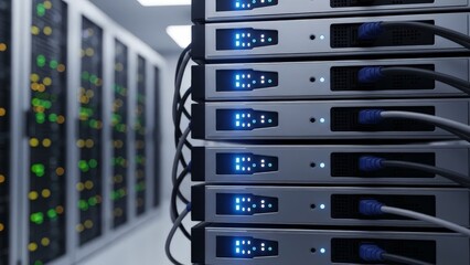 Stack of illuminated servers in a modern datacenter