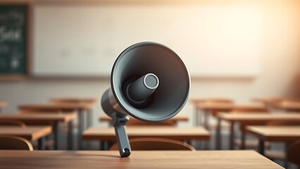 amplifier. Megaphone on wooden table with blurred classroom background, warm ambient lighting. public awareness campaigns, NGO reports, designed for public awareness campaigns and NGO communications.