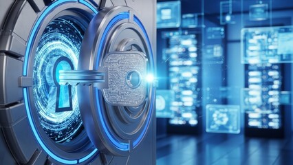 Stylized Digital Key Unlocking Secure System with Glowing Data