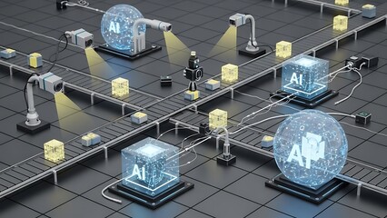 Modern industrial automation with Artificial Intelligence optimizing smart factory production lines and data processing for advanced manufacturing