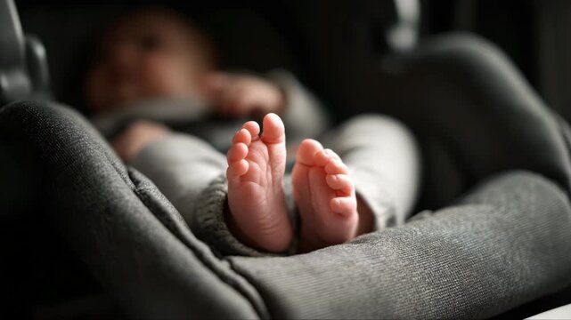 Baby's tiny feet in a cozy car seat, showcasing soft textures and gentle lighting, as the camera smoothly zooms in for an intimate view of the scene
