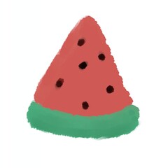 A simple hand-drawn illustration of a watermelon slice with a red textured surface, black seeds, and a green rind. Soft, playful, and minimal style suitable for stickers, watercolor style

