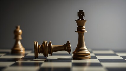 toppled. A fallen king chess piece on a board with dramatic side lighting. event key visuals, club posters, designed for fitness apps and gym onboarding, drives event promotion.