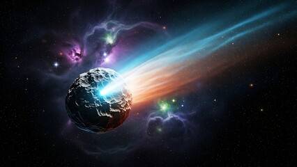 Obraz premium Celestial event a blazing asteroid streaks through the cosmos, leaving a trail of cosmic dust and nebula gases
