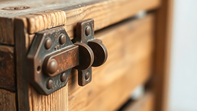 hasp. Close-up of a rusty iron hasp fastened on an old wooden crate with side lighting. safety posters, maintenance manuals, designed for precision metalworking and fabrication facilities.