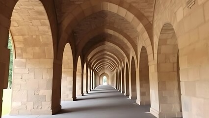 Fototapeta premium decade. Monastery corridor with repeating stone arches extending into the distance, showcasing architectural symmetry. real-estate listings.