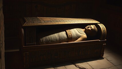 sarcophagus. An ornate Egyptian sarcophagus containing a linen-wrapped mummy. event programs, museum guides, designed for cultural heritage projects and event programs, elevates cultural identity.