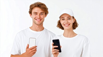 Young couples holding smartphones together and smiling. A modern lifestyle image that showcases friendship and technology. Bright colors and casual style highlight connection and communication. AI