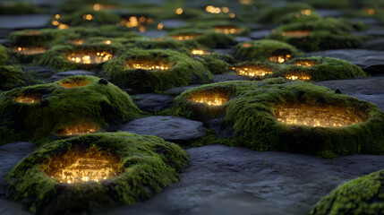 A close-up of a mossy stone surface with softly glowing technological cores embedded within, symbolizing the harmonious fusion of ancient nature and advanced, sustainable technology.