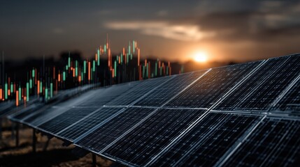 Photovoltaic power station with digital chart and stock market double exposure illustrates green energy growth