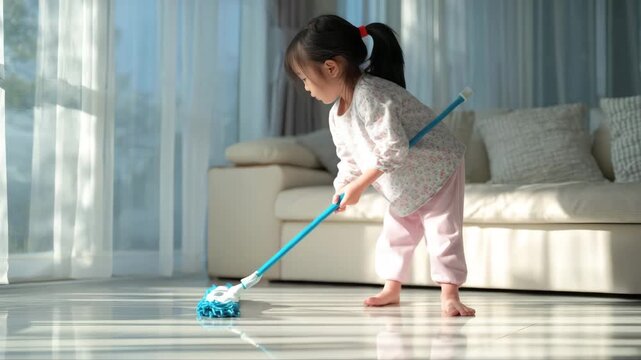 Young girl in cozy home environment diligently mopping floor with blue mop, showcasing determination and focus, camera follows her movements with smooth tracking