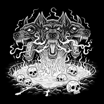 Three headed hellhound emerging from a pool of skulls and smoke.