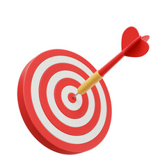 Red and white circular dartboard with a red dart precisely hitting the bullseye representing success and achievement transparent background