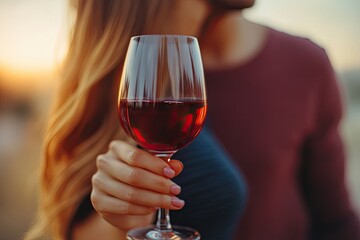 Portrait. Young beautiful cute couple, man and woman with red glasses of wine isolated on pink background