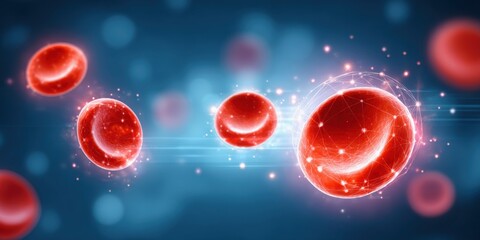 AI-powered health diagnosis concept. A vibrant digital illustration of red blood cells in motion against a blue background, symbolizing health and biological processes.