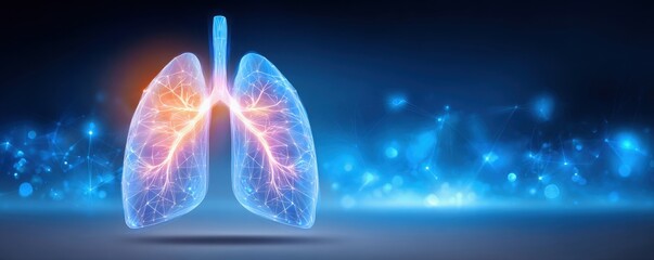 AI-powered health diagnosis concept. A glowing representation of human lungs, showcasing intricate details and vibrant colors against a dark, futuristic background.