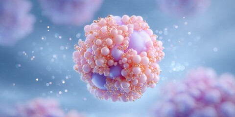 AI-powered health diagnosis concept. A vibrant, abstract representation of microscopic structures with pastel colors, resembling cells or particles suspended in a fluid medium.