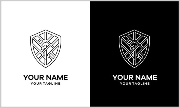 Sleek geometric shield logo incorporating a stylized R, shown in black on white and white on black. - Powered by Adobe