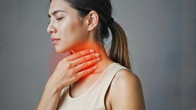 Concerned young woman experiencing throat pain and discomfort with a visible red area indicating inflammation or soreness