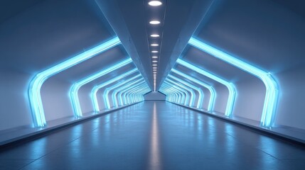 Futuristic glowing symmetrical corridor with vibrant blue LED lights reflecting on the polished floor creating an advanced and illuminated pathway