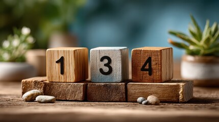 Numbered wooden blocks show task priority from first to fourth place on a wooden table with plants in the background