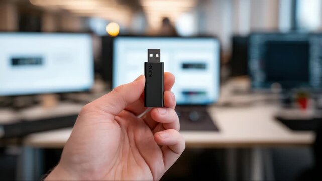Hand holding a USB flash drive in an office setting, showcasing the device with a gradual zoom in, emphasizing technology and workspace environment