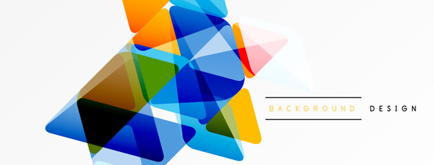 Abstract geometric shapes overlap, creating vibrant colorful design. White space provides clean backdrop for modern visual elements.