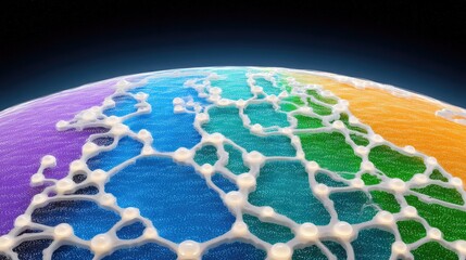 Global Network Connections Showing Data Flow Over Rainbow Colored Planet Surface With Stars In The Background And Glowing Light Effect