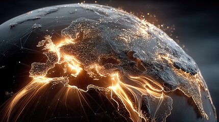 Global network visualization of planet earth illuminated by glowing city lights and interconnected data streams depicting advanced intelligent hex shield technology in a futuristic dark sky background