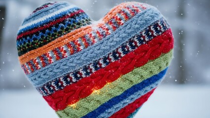Colorful knitted heart with rich textures lying in snow symbolizing joy positivity and winter cheer.
