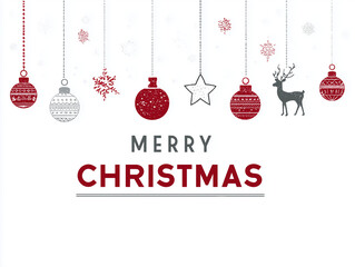 Décor de boules de noël suspendues avec renne étoile et flocons sur fond blanc avec texte en anglais “MERRY CHRISTMAS” pour visuels saisonniers noël et fêtes de fin d’année