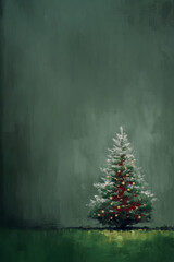 Peinture acrylique vintage repr&eacute;sentant un sapin de No&euml;l enneig&eacute; pos&eacute; dans un d&eacute;cor int&eacute;rieur sombre sur fond textur&eacute; avec large espace n&eacute;gatif copyspace pour visuels No&euml;l et f&ecirc;tes de fin d&rsquo;ann&eacute;e