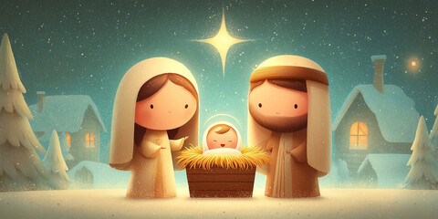 Crèche de Noël kawaii chubby chibi avec Marie Joseph et bébé Jésus sous l’étoile de Bethléem dans un décor enneigé avec village en arrière-plan pour thème nativité et célébration de Noël
