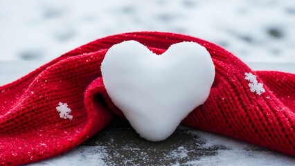 Smooth white heart placed on red knitted scarf in snow showing warm tender contrast in winter cold.
