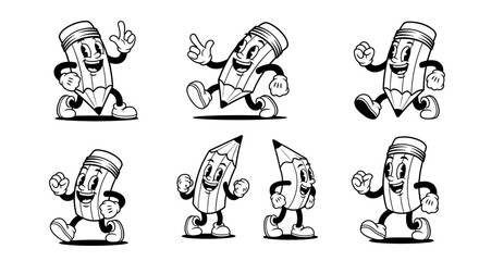Set of cartoon pencils in various poses and actions.