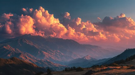 Majestic sunset coloring clouds and sky with bright golden light over layers of rolling mountains at dusk