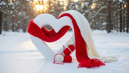 Soft red-white knitted heart lying on snow symbolizing warmth love and cozy winter holiday feeling