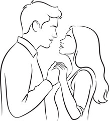 A tender line art illustration of a young couple embracing closely with their eyes closed and hands clasped isolated on white background.