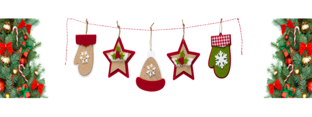 Classic Holiday Cheer A Decorative String of Festive Mittens Stars and Ornaments Bordered by Evergreen Garland on a transparent background