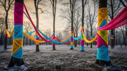 Bright rainbow yarn wrapped between winter trees adding joyful vibrant energy to cold snowy forest.
